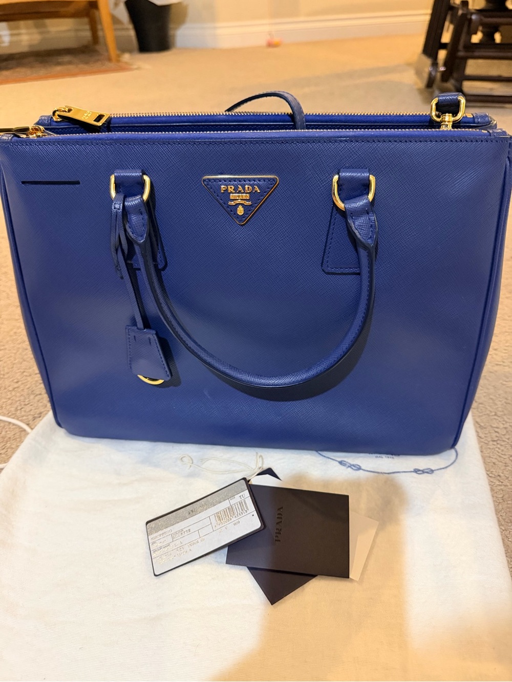 Prada Blue Saffiano Double-Zip Satchel with Gold Hardware
